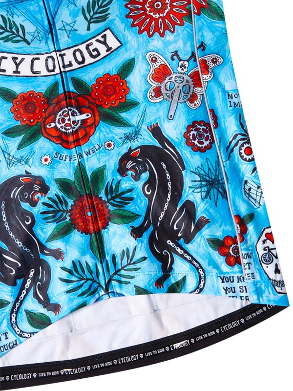 Blue men's Winter  long sleeve cycling jersey with floral and panther design 