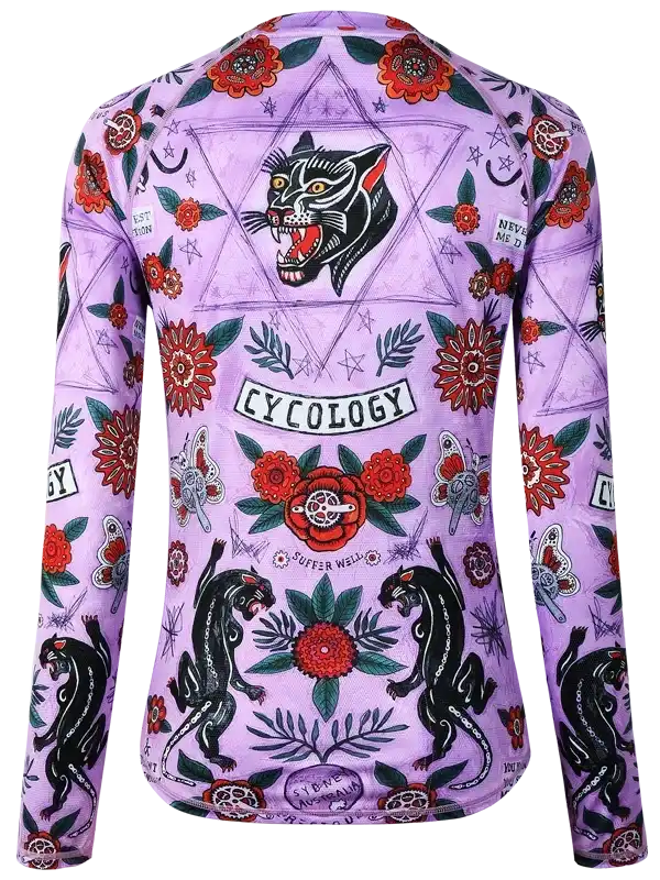 Purple cycling jersey with black panther, red flowers, and tattoo-style graphics for men and women