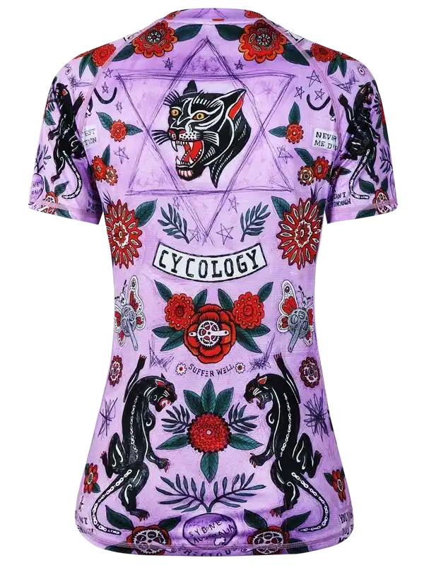Purple women's cycling jersey with black panther and floral tattoo print, featuring 'Cycology' branding
