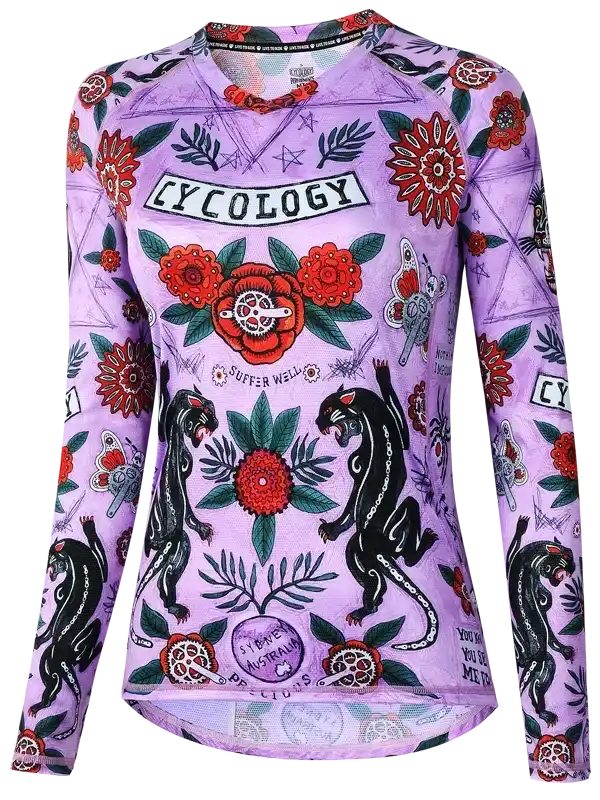 Purple long-sleeve cycling jersey with floral and panther print, featuring bold graphics and bike-themed details