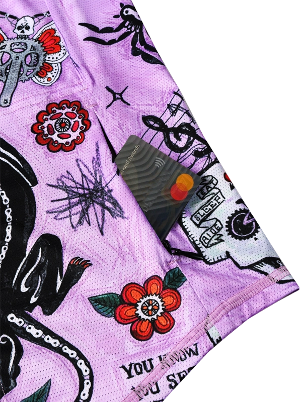 Women's Long-sleeve MTB Jersey with colorful floral and panther design on a purple background zip pocket 