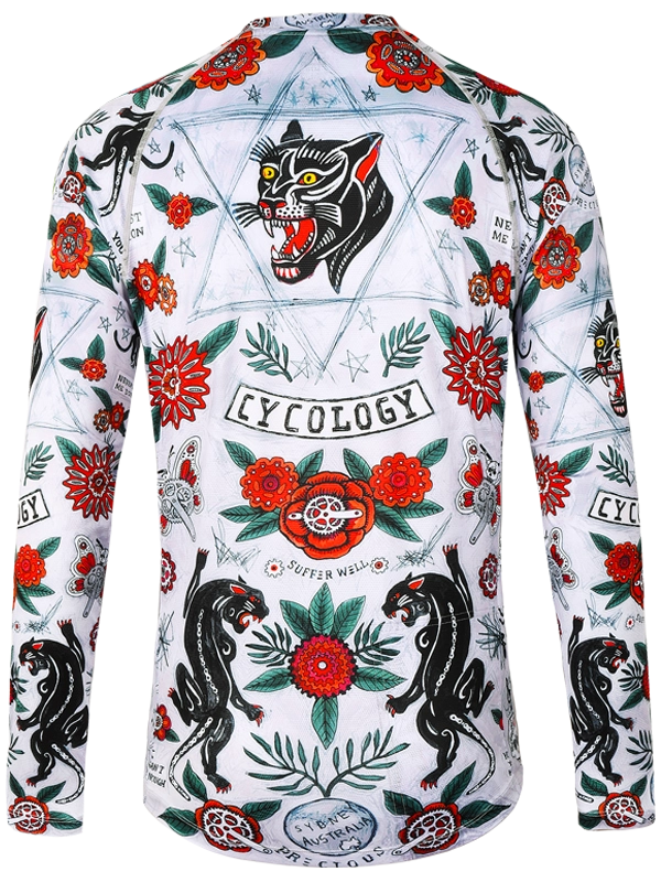 Men's Long-sleeve  MTB shirt with a colorful design featuring panthers, flowers, and text on a light grey background.