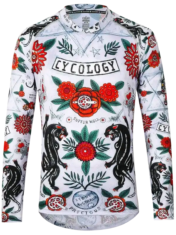 Men's long sleeve cycling jersey with bold floral and panther print, featuring 'Cycology' branding and vibrant red accents.