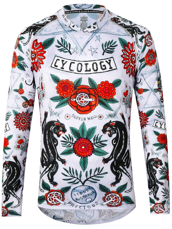Men's Long-sleeve  MTB shirt with a colorful design featuring panthers, flowers, and text on a light grey background.