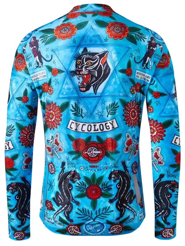 Blue long-sleeve cycling jersey with bold panther and floral tattoo-style print, ideal for road biking