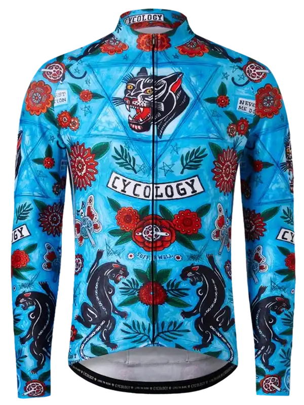 Blue cycling jersey with black panther and red floral tattoo-style design, full zip, long sleeves