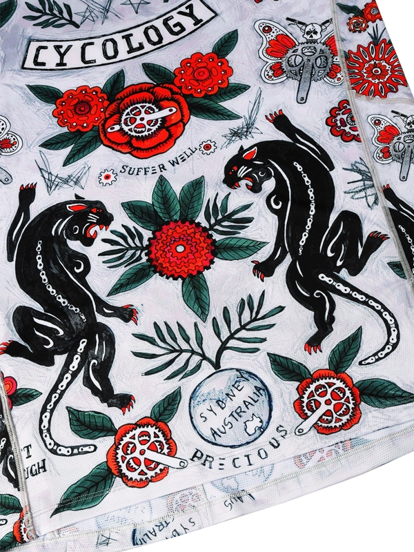 Men's Long-sleeve  MTB shirt with a colorful design featuring panthers, flowers, and text on a light grey background.