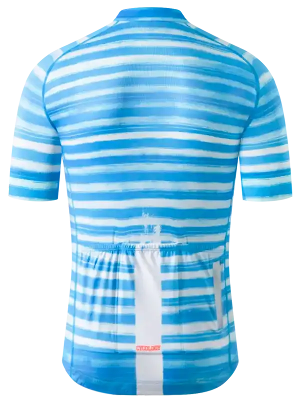 Blue and white striped men's cycling jersey with rear pockets, breathable fabric, perfect for road biking.