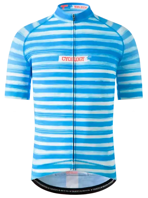 Blue and white striped men's cycling jersey with full zip and CYCOLOGY logo, designed for comfort and performance.