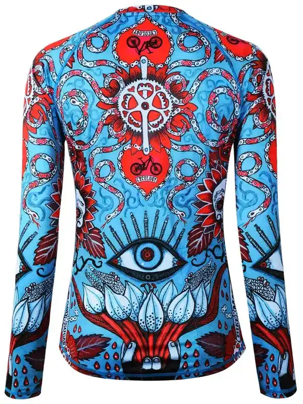 Men's long sleeve cycling jersey with vibrant blue and red octopus, eye, and bike gear design