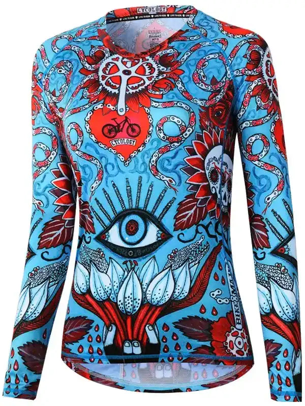 Women's long sleeve cycling jersey with vibrant blue, red, and white psychedelic print featuring eye, heart, and bike motifs
