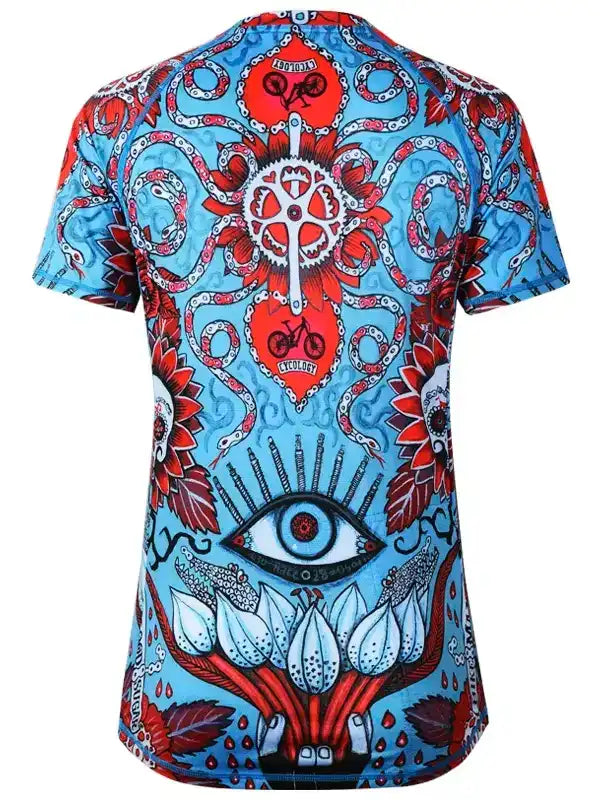 Men's cycling jersey with vibrant blue, red octopus and eye design, featuring bike chain motifs