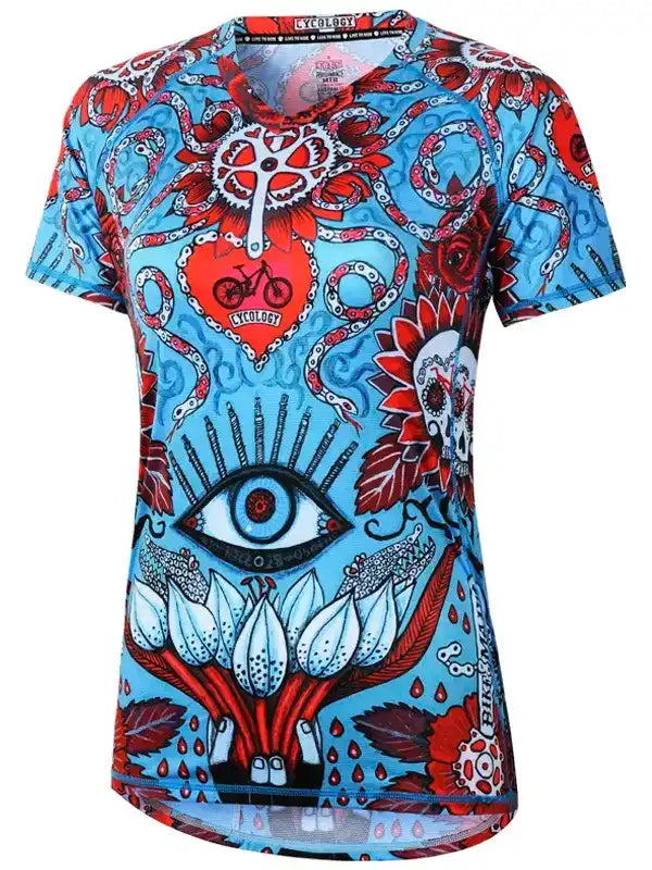 Women's cycling jersey with vibrant blue, red, and white psychedelic design featuring eye, heart, and bike motifs