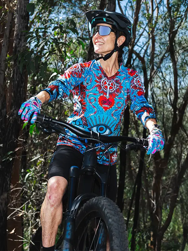 Baja Blue Womens Long Sleeve MTB Jersey  on model  | Cycology UK