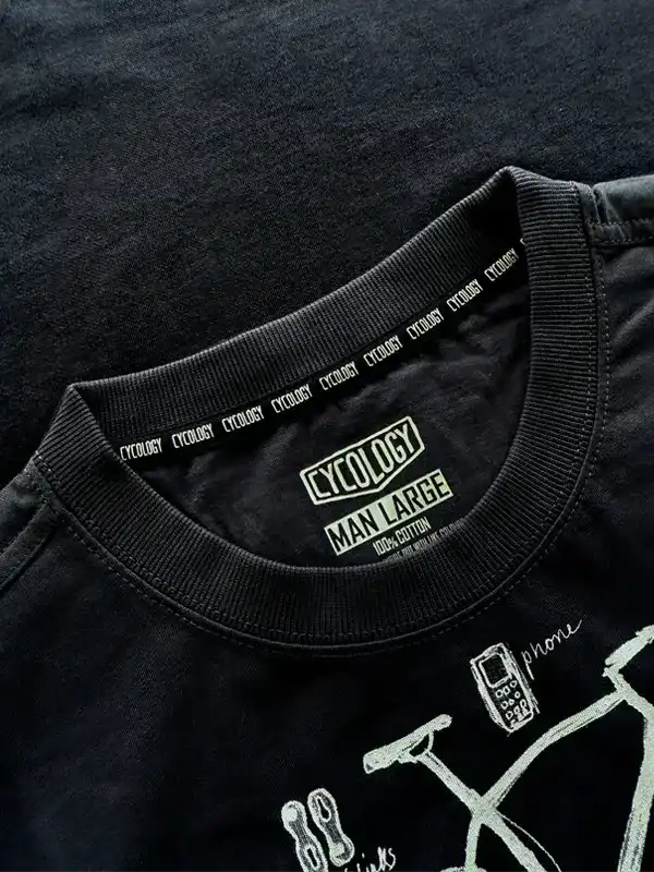 Black men's cycling t-shirt with bike graphic, 100% cotton, size large, brand tag detail