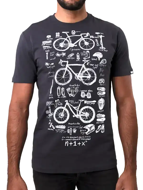 Men's cycling t-shirt with bike parts diagram print, ideal for road and mountain biking enthusiasts.