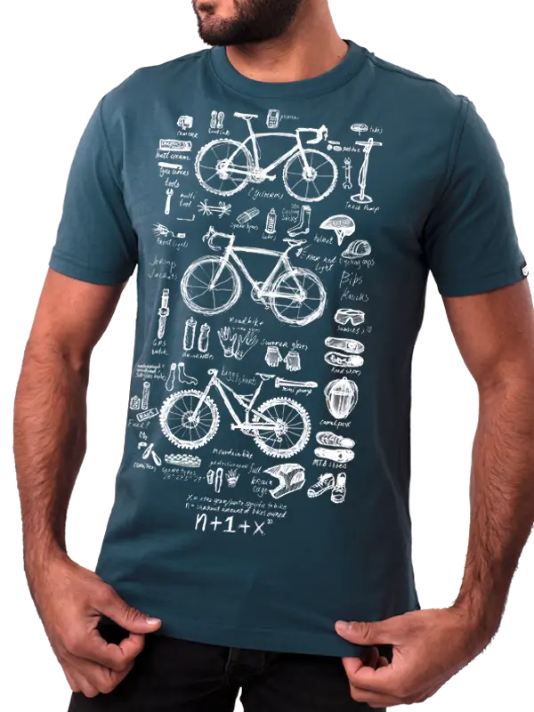 Man wearing a blue t-shirt with white bicycle graphics and text.