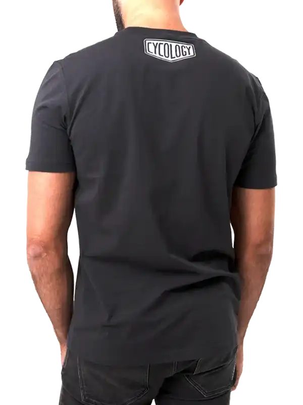 Black men's cycling t-shirt with white Cycology logo on back, ideal for bike rides and casual wear