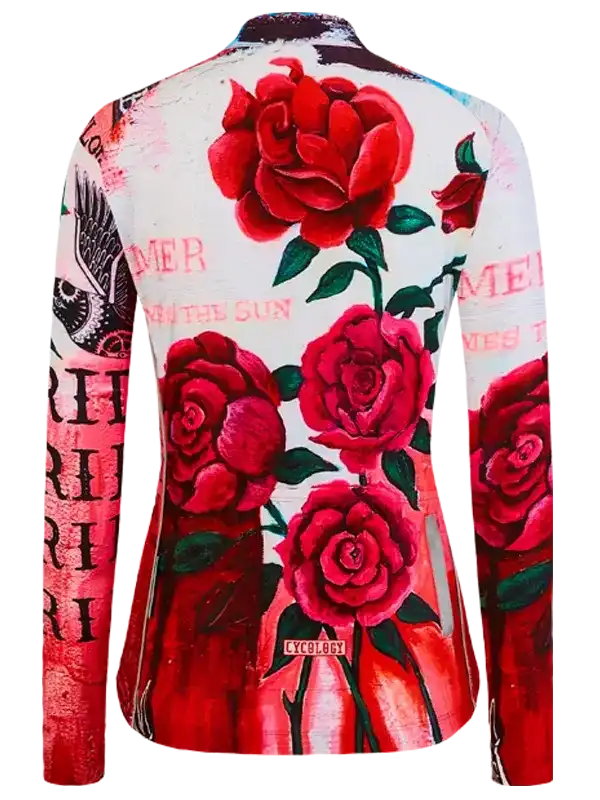 Women's cycling jersey with red rose print and artistic design