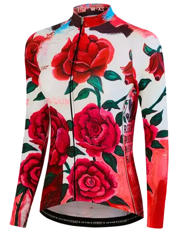 Women's cycling jersey with red rose print, long sleeves, full zip, floral design for road biking