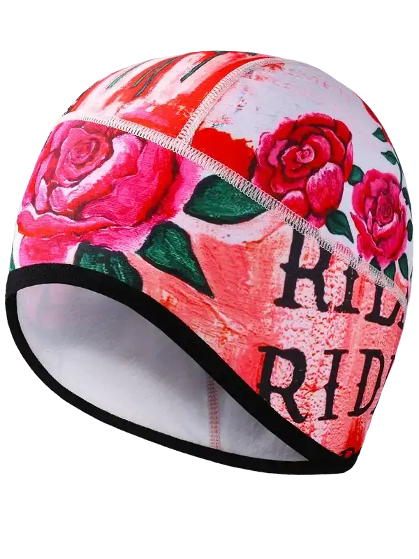 Floral cycling cap with pink roses and 'RIDE' text, ideal for women's bike rides