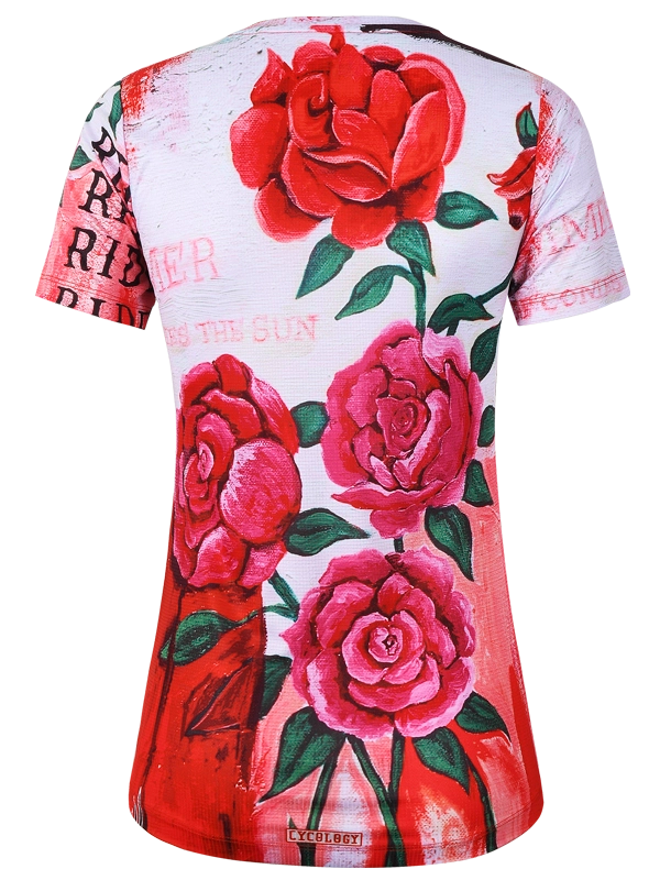 Technical  women's T-shirt with red and pink rose design on a white background