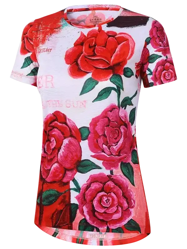 Women's cycling jersey with vibrant red rose print, artistic floral design for active wear