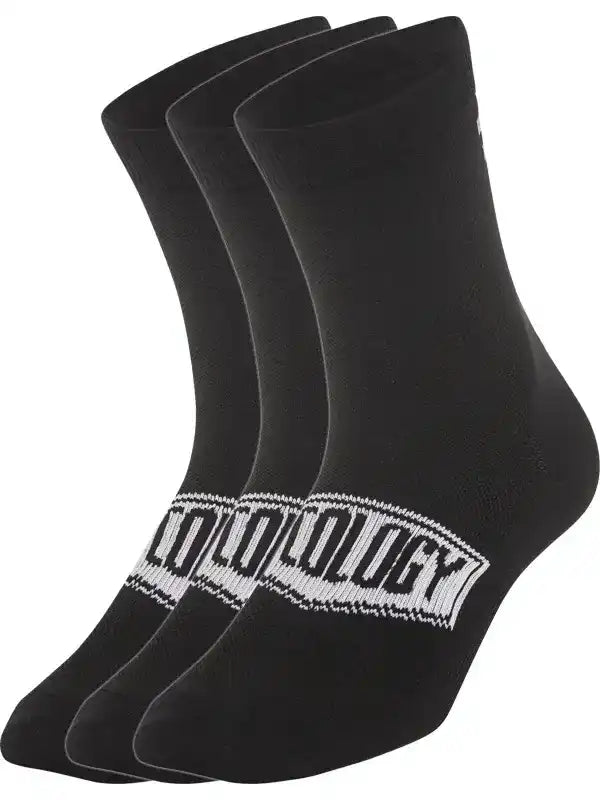 Black cycling socks with white 'Cycology' logo, ideal for men and women cyclists