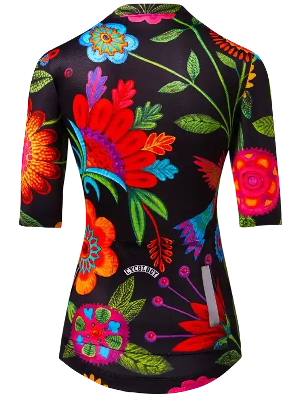 Vibrant floral women's cycling jersey with colorful blooms and green leaves on black fabric