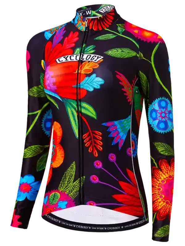 Women's long sleeve cycling jersey with vibrant floral print and full zip, ideal for road biking