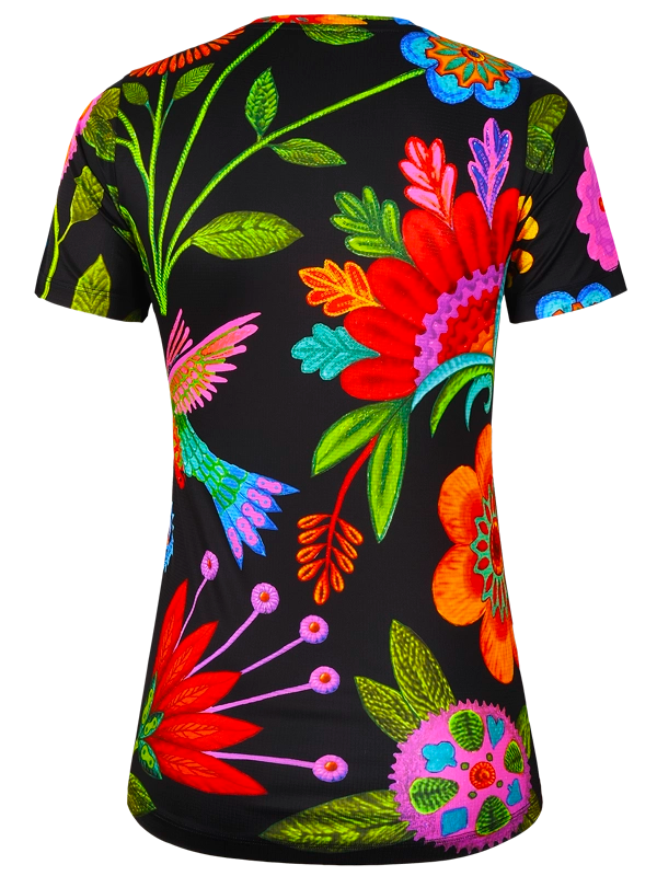 Women's Colorful  tech t-shirt with floral and insect design on a black background
