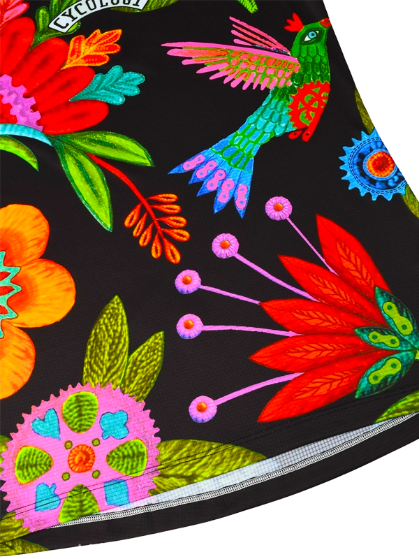 Women's Colorful  tech t-shirt with floral and insect design on a black background