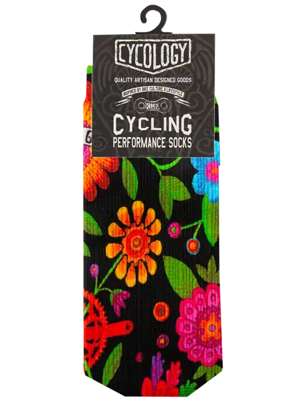 Vibrant floral cycling performance socks with bold colors and bike gear print, ideal for cyclists.