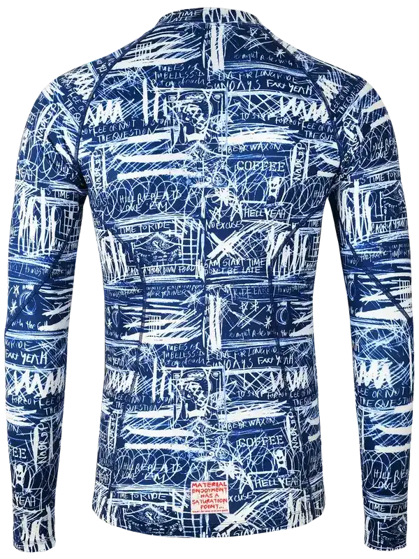 Men's blue long-sleeve cycling jersey with white graffiti-style print, ideal for road biking and outdoor rides.