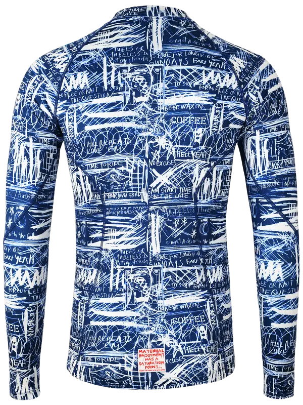 Long-sleeve cycling base layer with blue and white graphic design on a white background