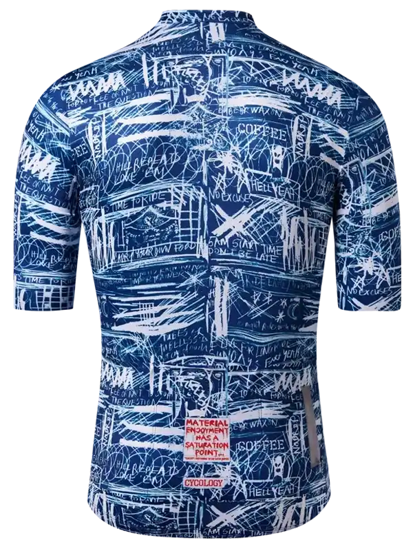 Men's cycling jersey with bold white graffiti-style print on blue, featuring motivational phrases and Cycology logo