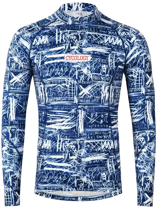 Men's long-sleeve cycling jersey with bold blue and white graffiti-style print, featuring motivational phrases and 'CYCOLOGY' chest logo.