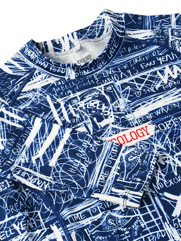 Long-sleeve cycling base layer with blue and white graphic design on a white background