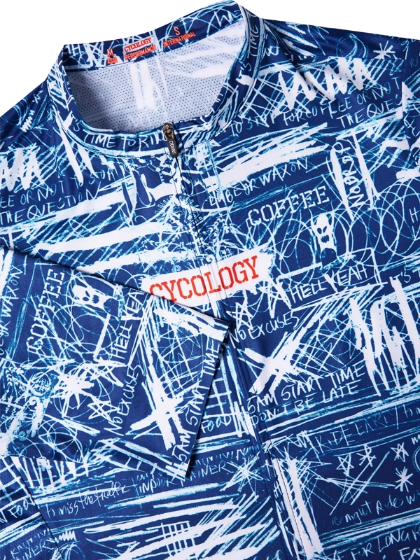 Blue and white patterned cycling jersey with visible Cycology branding