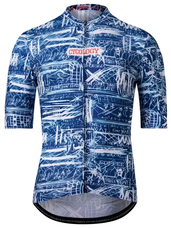Blue cycling jersey with white graffiti-style print and 'CYCOLOGY' logo, featuring motivational phrases and short sleeves.