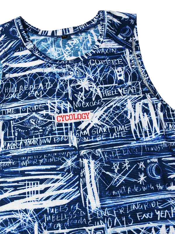 Sleeveless cycling base layer with blue and white graphic design