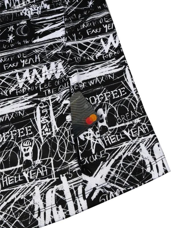 Black cycling jersey with white graffiti-style print, featuring bold text and abstract designs for men's and women's rides.
