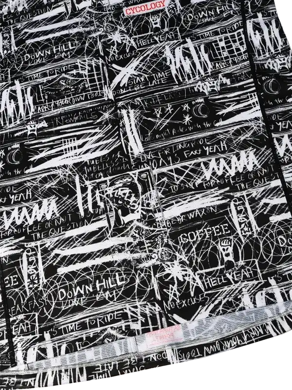 Black cycling jersey with white graffiti-style graphics and cycling phrases like 'Down Hill' and 'Coffee'