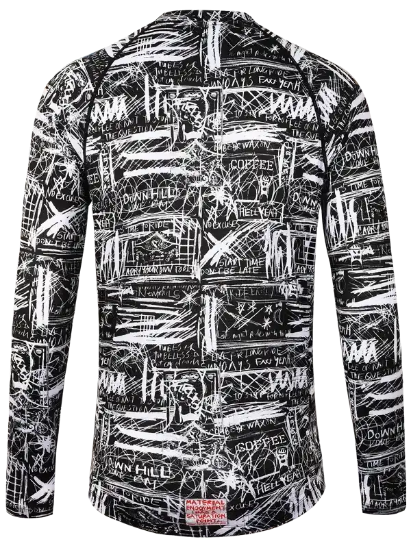 Men's cycling jersey with bold black and white graffiti-style design, featuring unique text and graphics.