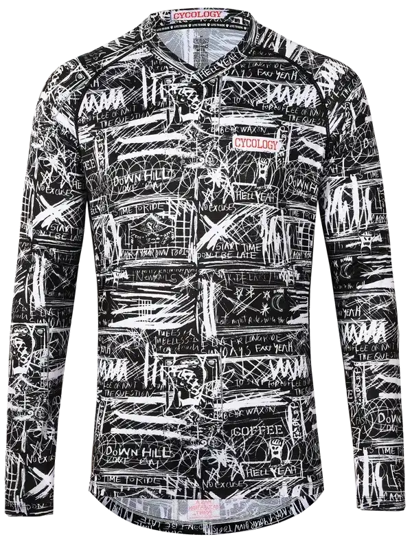 Men's long sleeve cycling jersey with bold black and white graffiti-style print, featuring cycling phrases and graphics.