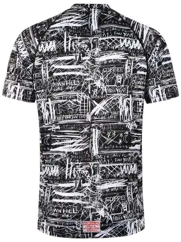 Men's cycling jersey with bold black-and-white graffiti-style print, featuring cycling phrases and urban art design.