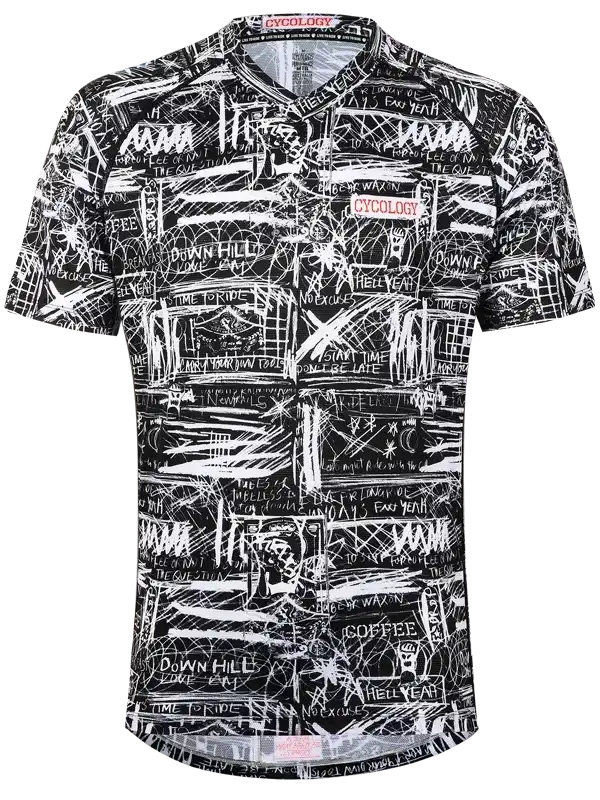 Men's cycling jersey with bold black and white graffiti-style design, featuring unique text and graphics for active rides.