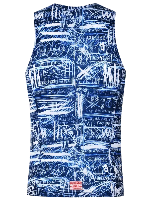 Sleeveless cycling base layer with blue and white graphic design