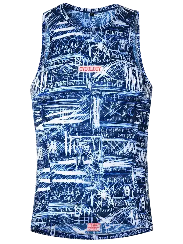 Blue sleeveless cycling jersey with white graffiti-style print and motivational phrases