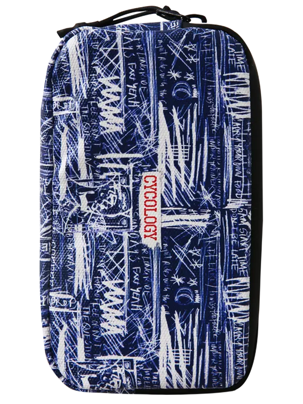 A zippered Cycling Wallet featuring a blue and white abstract graffiti-style pattern with text elements, shown against a plain white background.